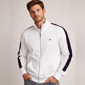 Tommy Hilfiger White Track Jacket Full Zip Logo Stripe Size M
